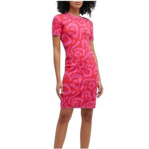 Milly Short-Sleeve Pink Red Jacquard Knit Dress- Size M
